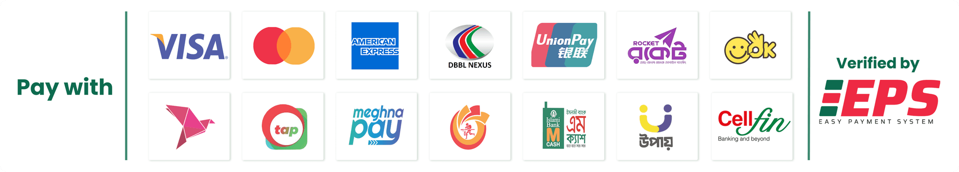 Pay with Visa, Mastercard, American Express, DBBL Nexus, Rocket, bKash, Nagad, and more — verified by EPS